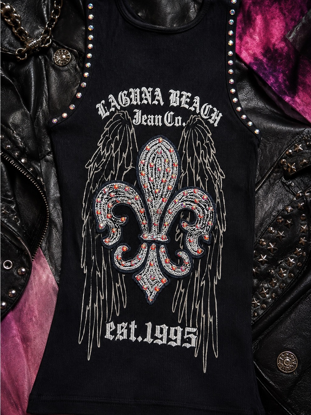 Laguna Beach Jean Co Y2K Rhinestone Fleur de Lis Wings Tank Top Black S